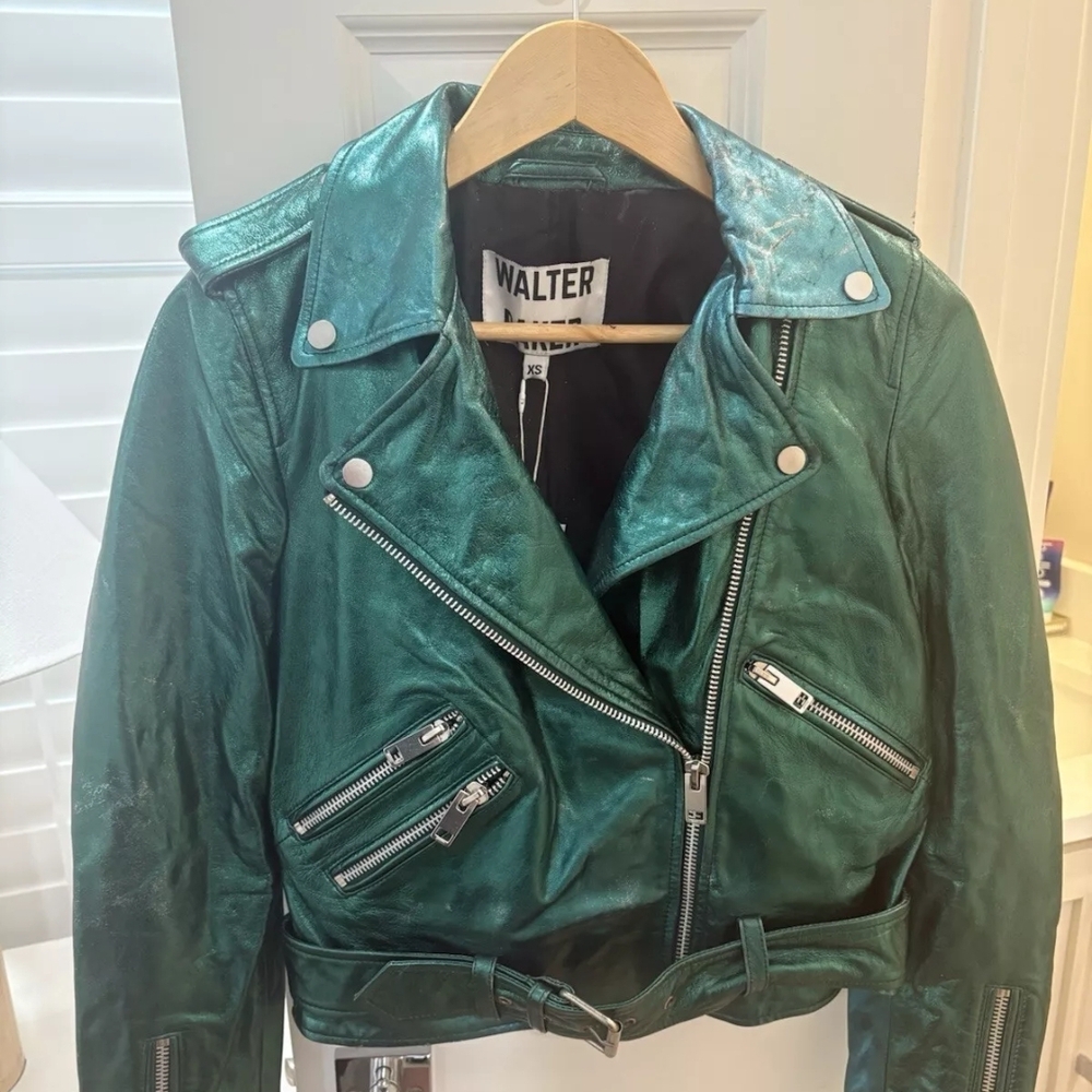 Walter Baker Metallic Green Leather Moto Jacket XS SM